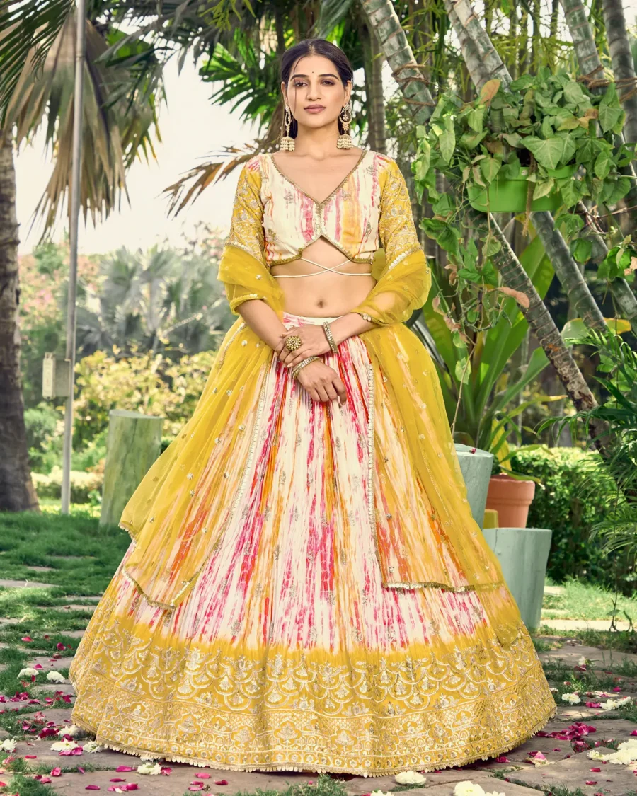 Arylide Yellow Digital printed Sequence work Lehenga choli