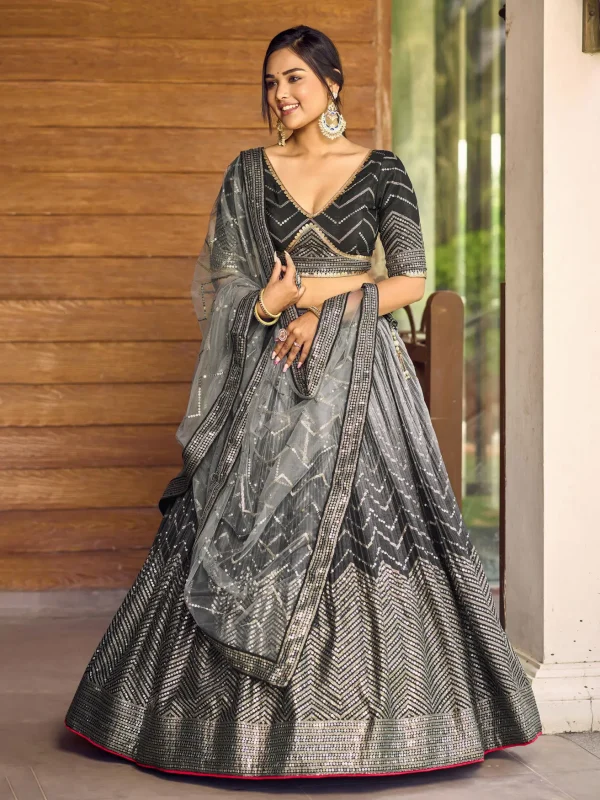 black chinon silk embroidery lehenga choli