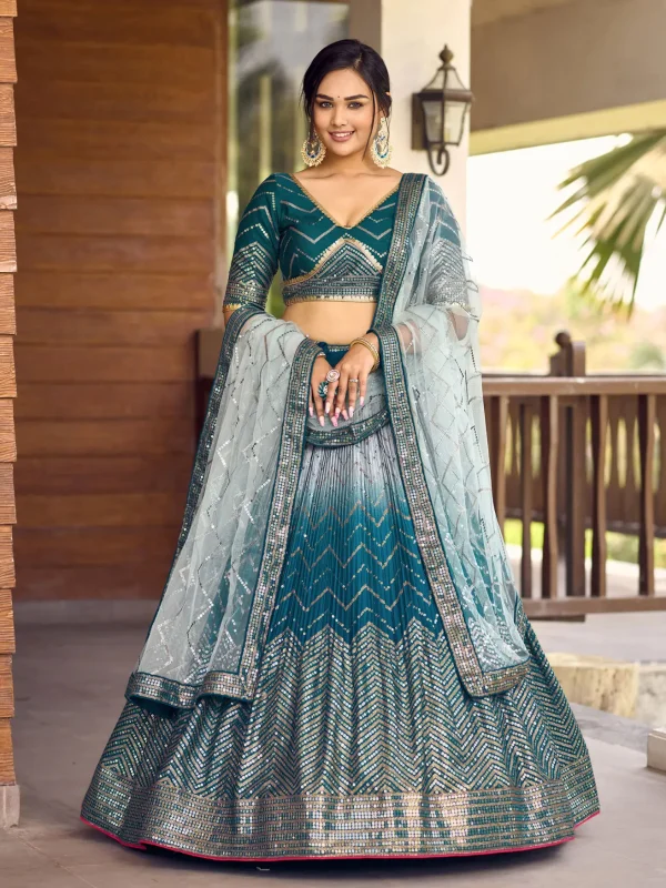 blue chinon silk embroidery lehenga choli