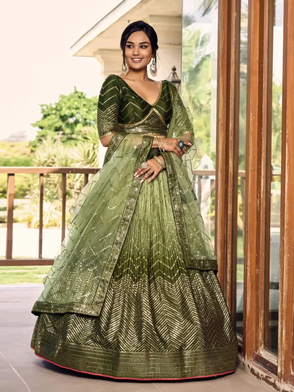 green chinon silk embroidery lehenga choli