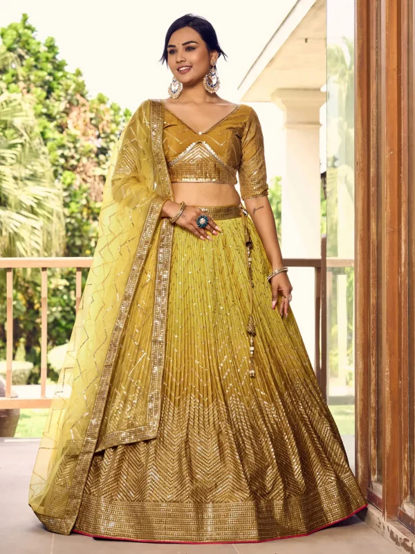 yellow chinon silk embroidery lehenga choli