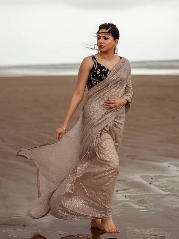 beige sequence saree