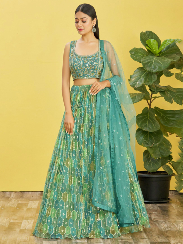 blue lehenga choli with mirror and thread work and digital print