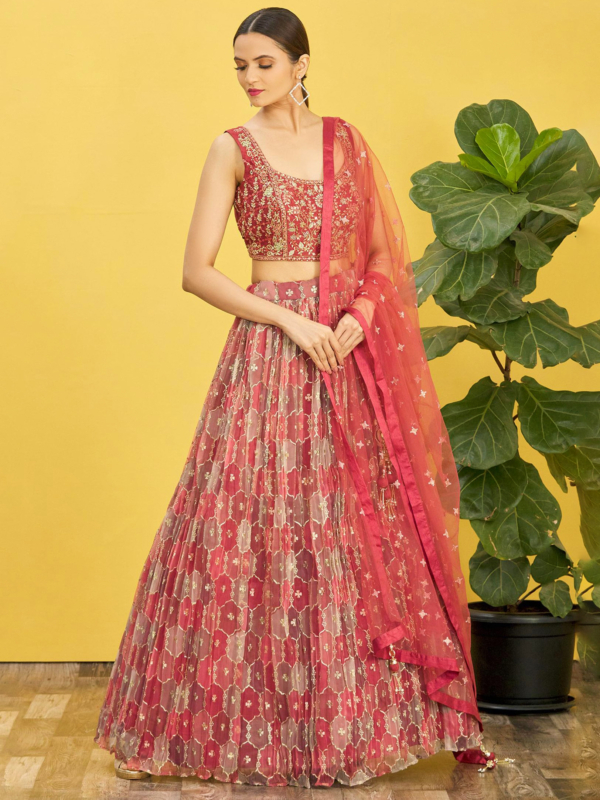 red lehenga choli with mirror and thread work and digital print