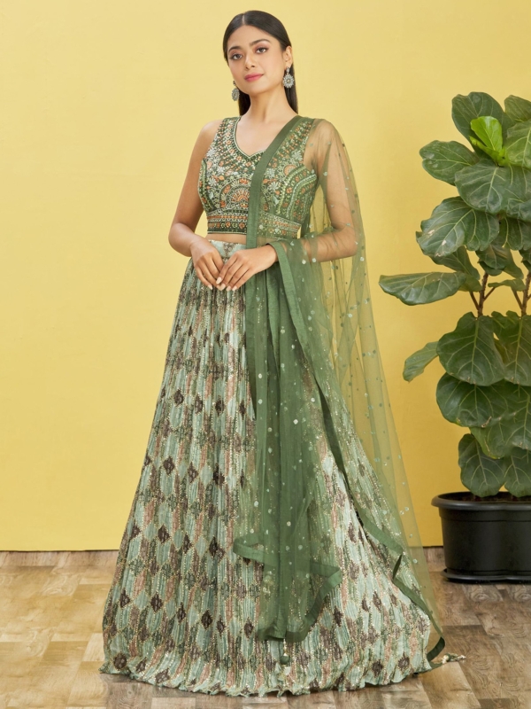 green lehenga choli with mirror and thread work and digital print