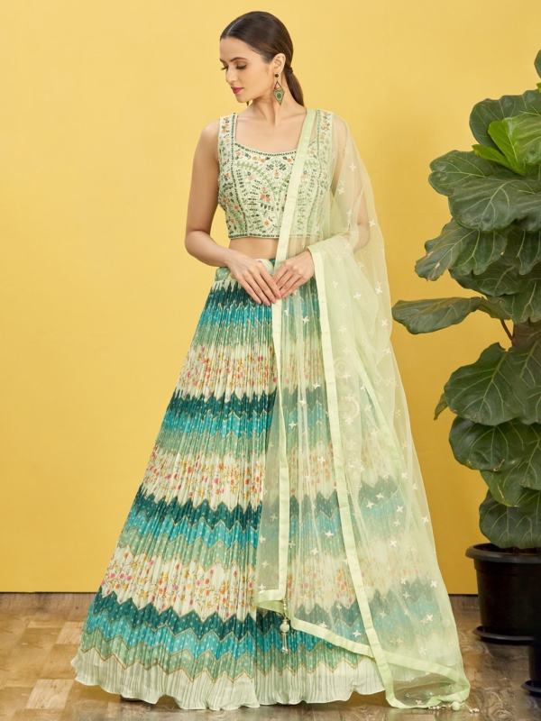 blue lehenga choli with mirror and thread work and digital print