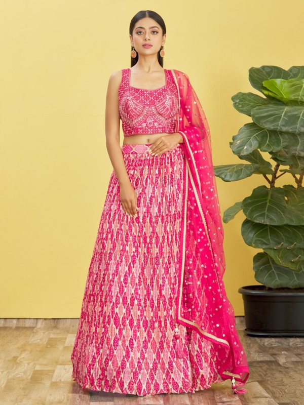 pink lehenga choli with mirror and thread work and digital print