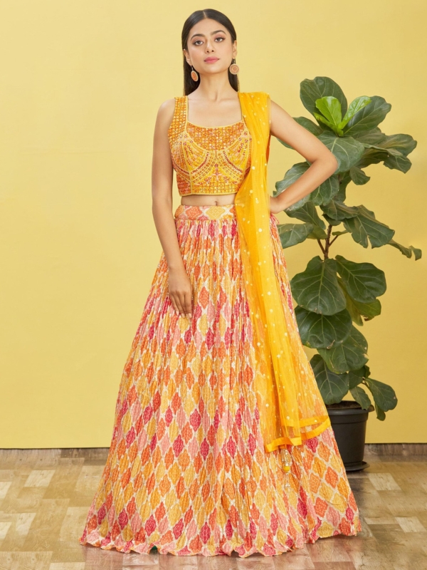 yellow lehenga choli with mirror and thread work and digital print