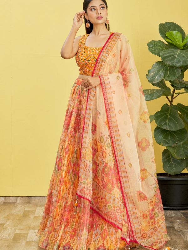 yellow lehenga choli with mirror and thread work and digital print