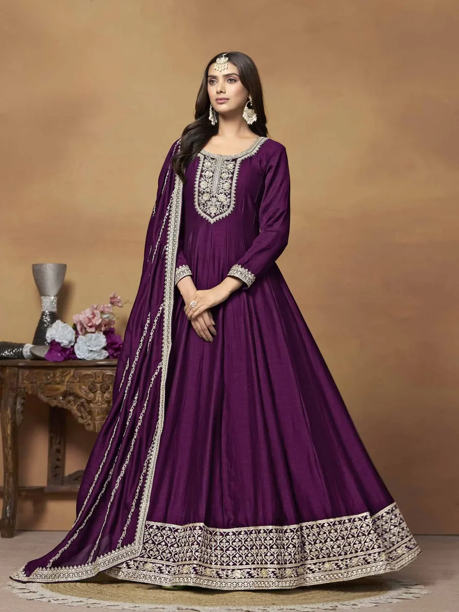 Stylish Cuts of Wine Berry Embroidery Gown