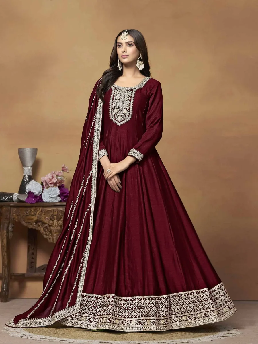 Ethnic Allure of Velvet Maroon Embroidery Gown