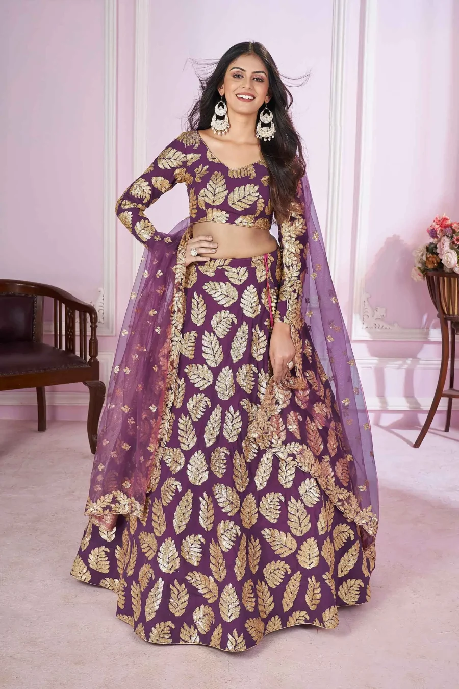 Zingy Purple Leaves Sequence Thread Work Traditional Lehenga Choli