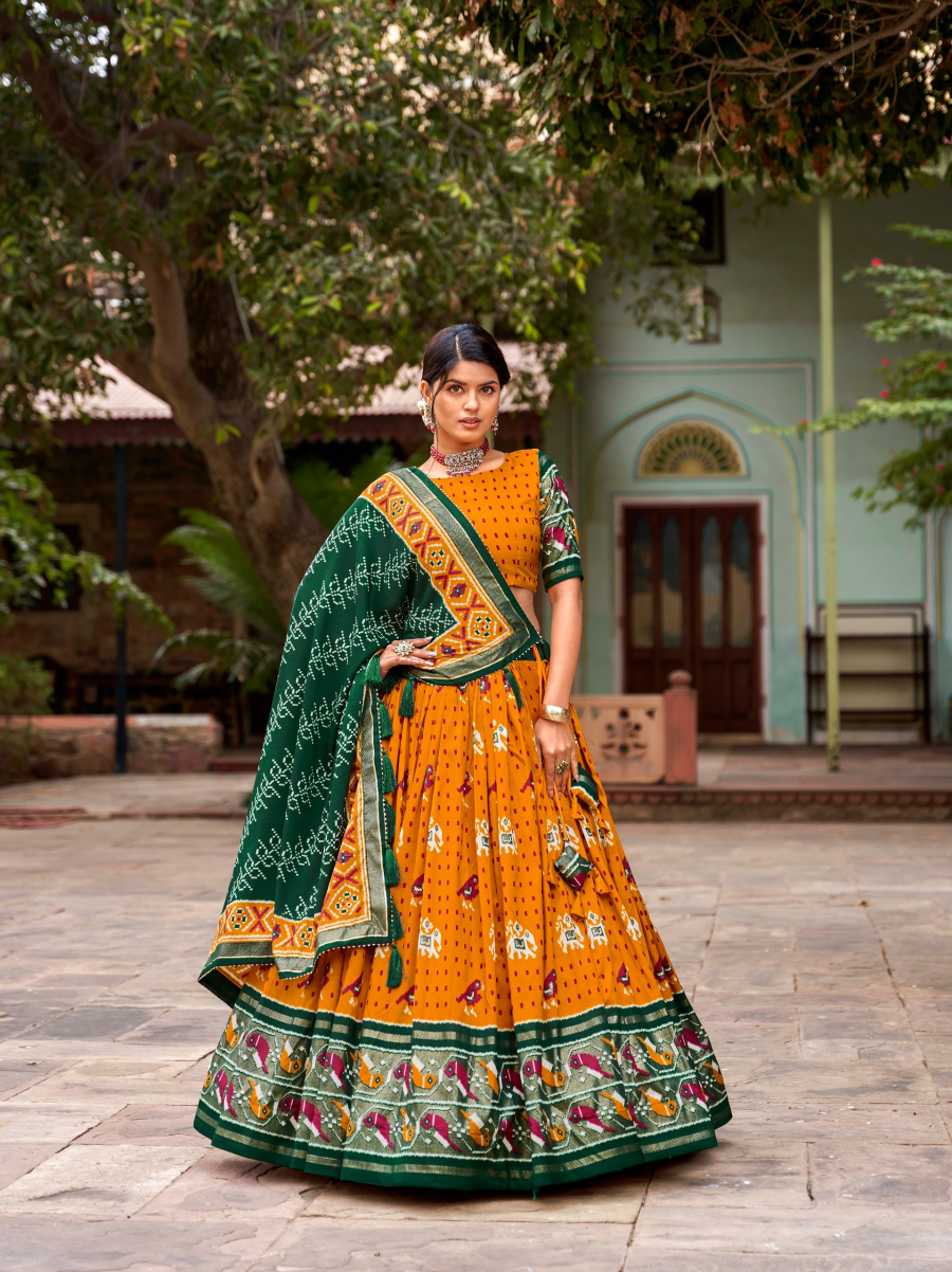 Proper Patola Look of Golden Bell Yellow silk Patola lehenga choli