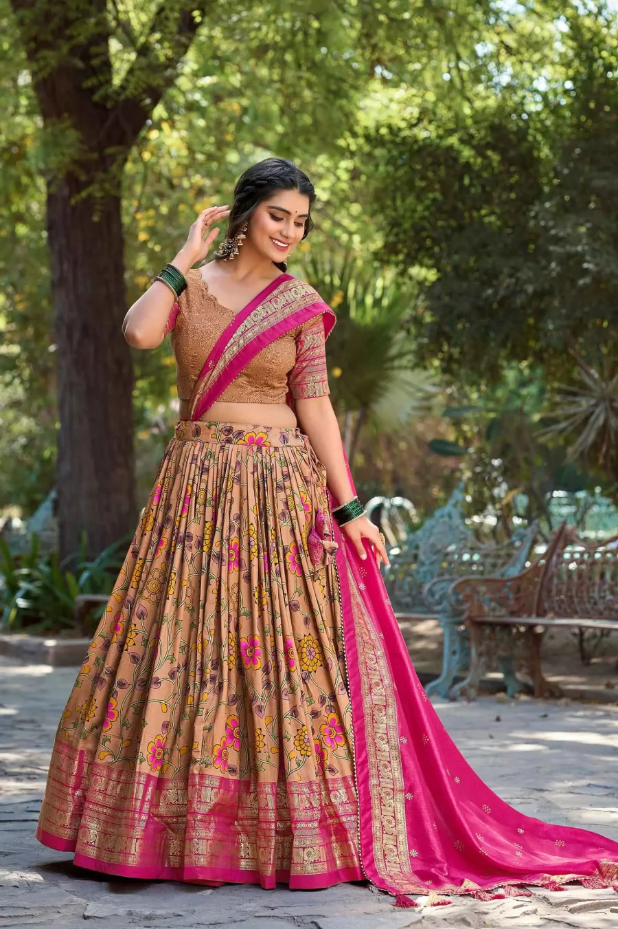 Frill and Flower in Mustard Yellow & Hot Pink silk Lehenga Choli