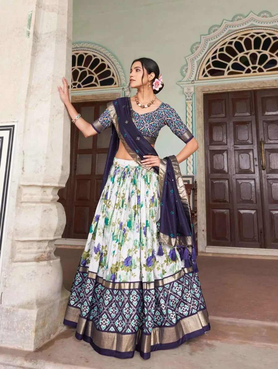 Blossoming Pickled Bluewood Floral silk Patola lehenga choli