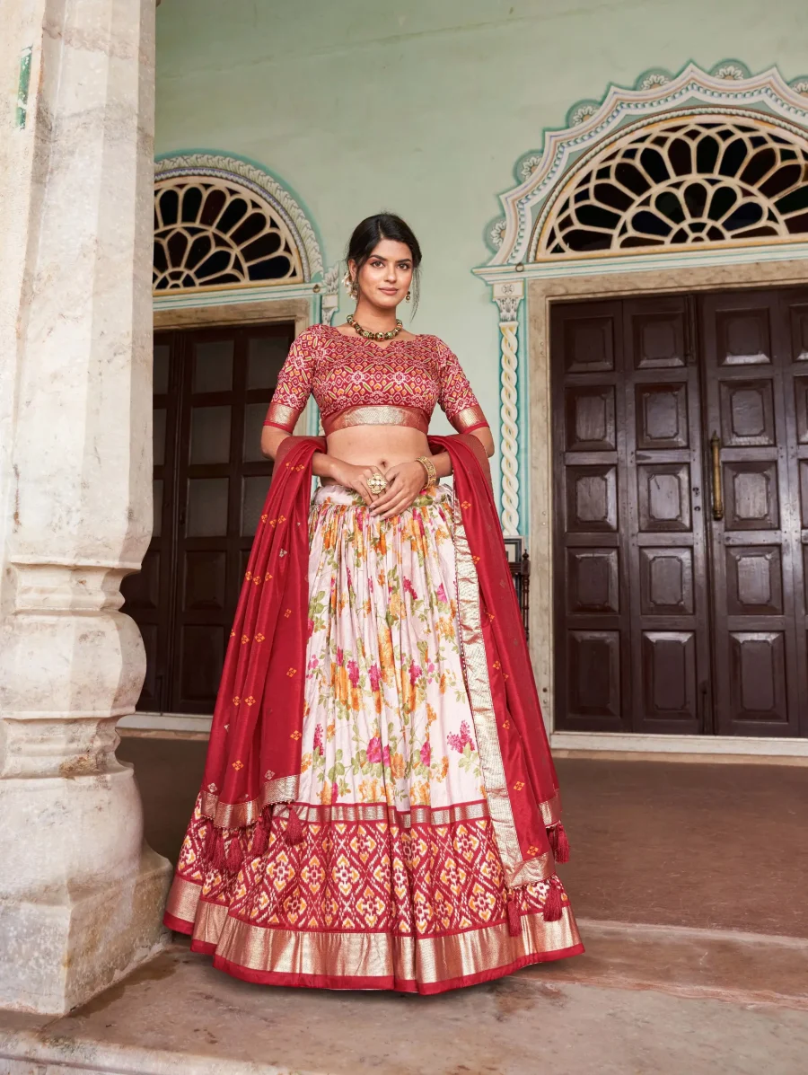 Floral Patola Look of Persian Red silk Patola lehenga choli