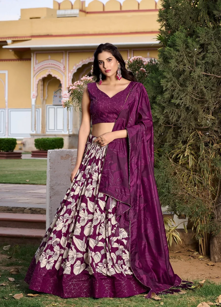 Grace and Beauty Wine Berry Silk Printed Lehenga Choli