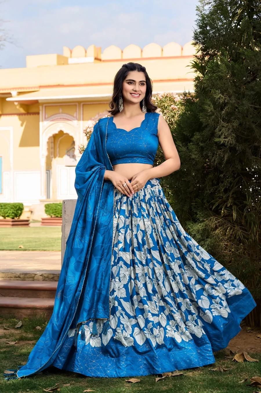 Frill and Flare in Water Blue Silk Printed Lehenga Choli