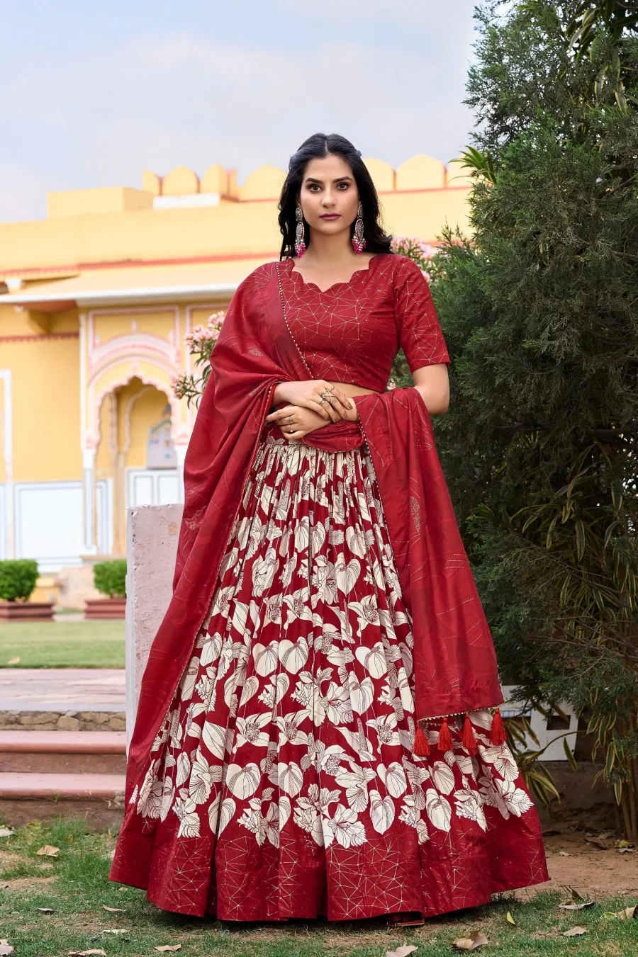 Ruby Radiance in Brick Red Silk Printed Lehenga Choli