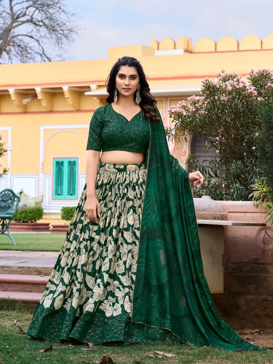 Hues of Tradition with Pine Green Silk Printed Lehenga Choli