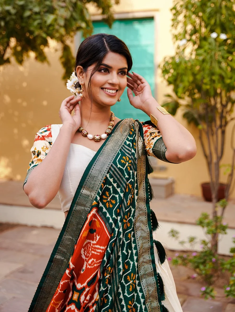 A blend of rusty orange and dusty white silk lehenga choli has the perfect fit