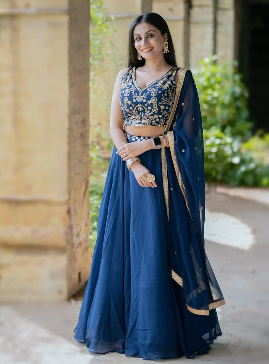 Trendy and Traditional Look of Pickled Bluewood Lehenga Choli