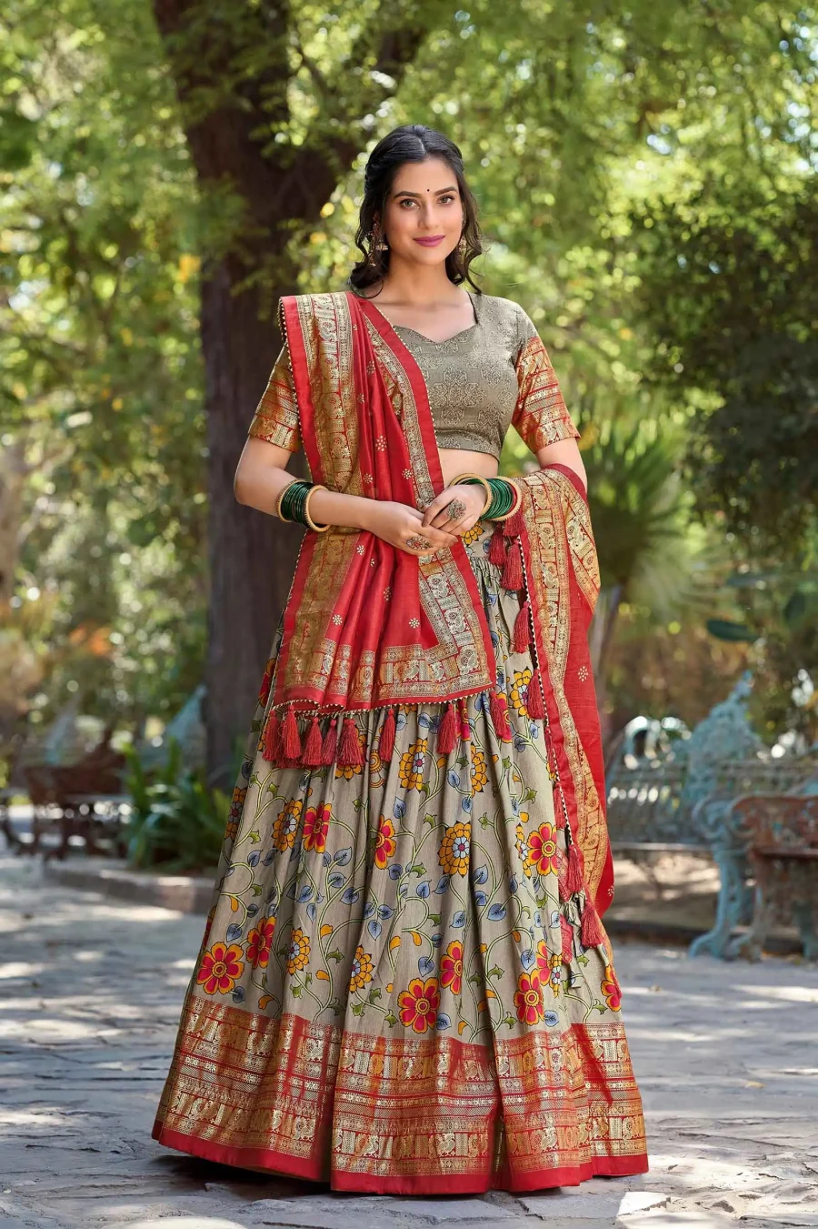 Flory Combination of Grey Olive & Persian Red silk Lehenga Choli