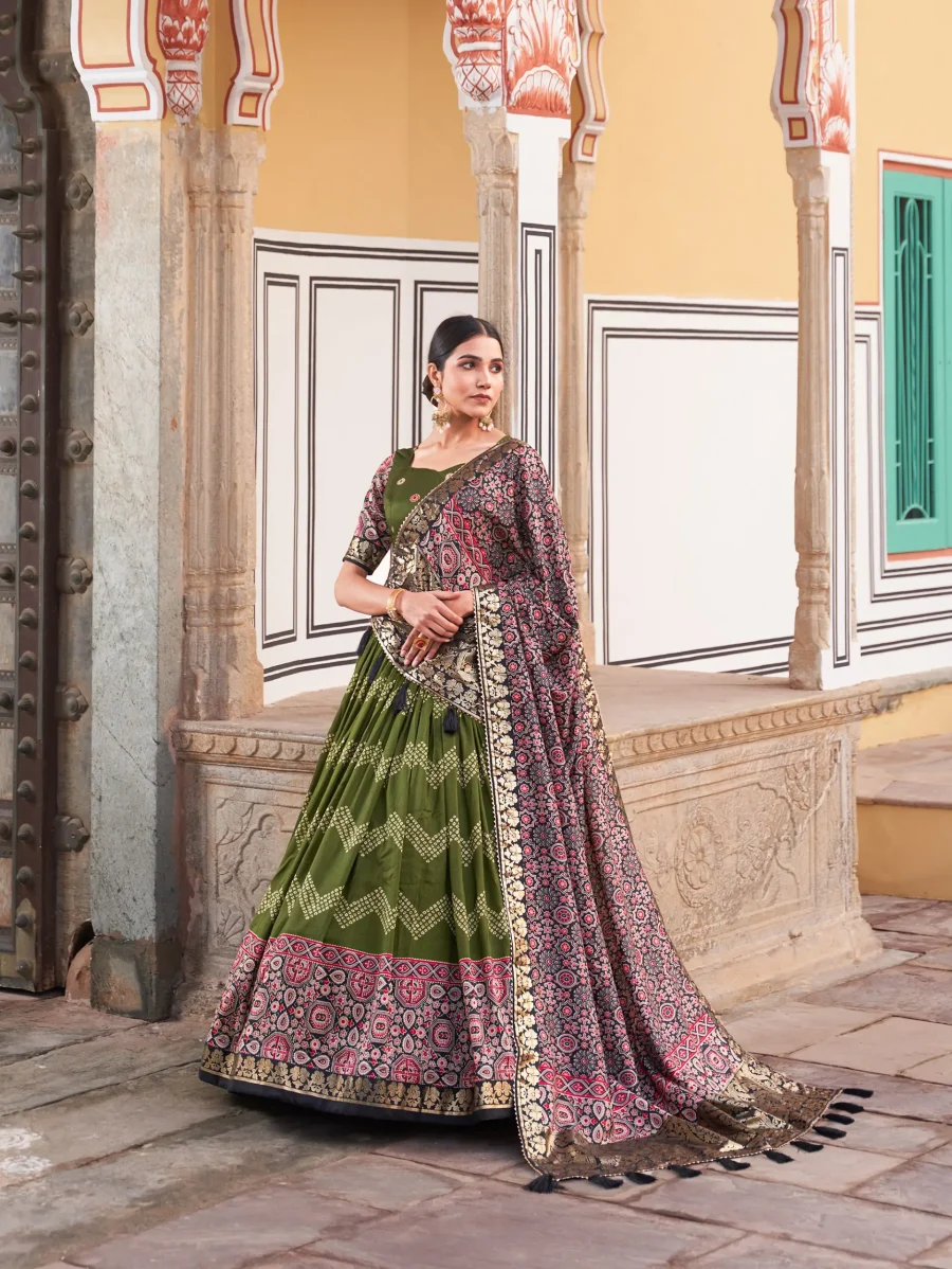 Army green Silk patola Lehenga choli