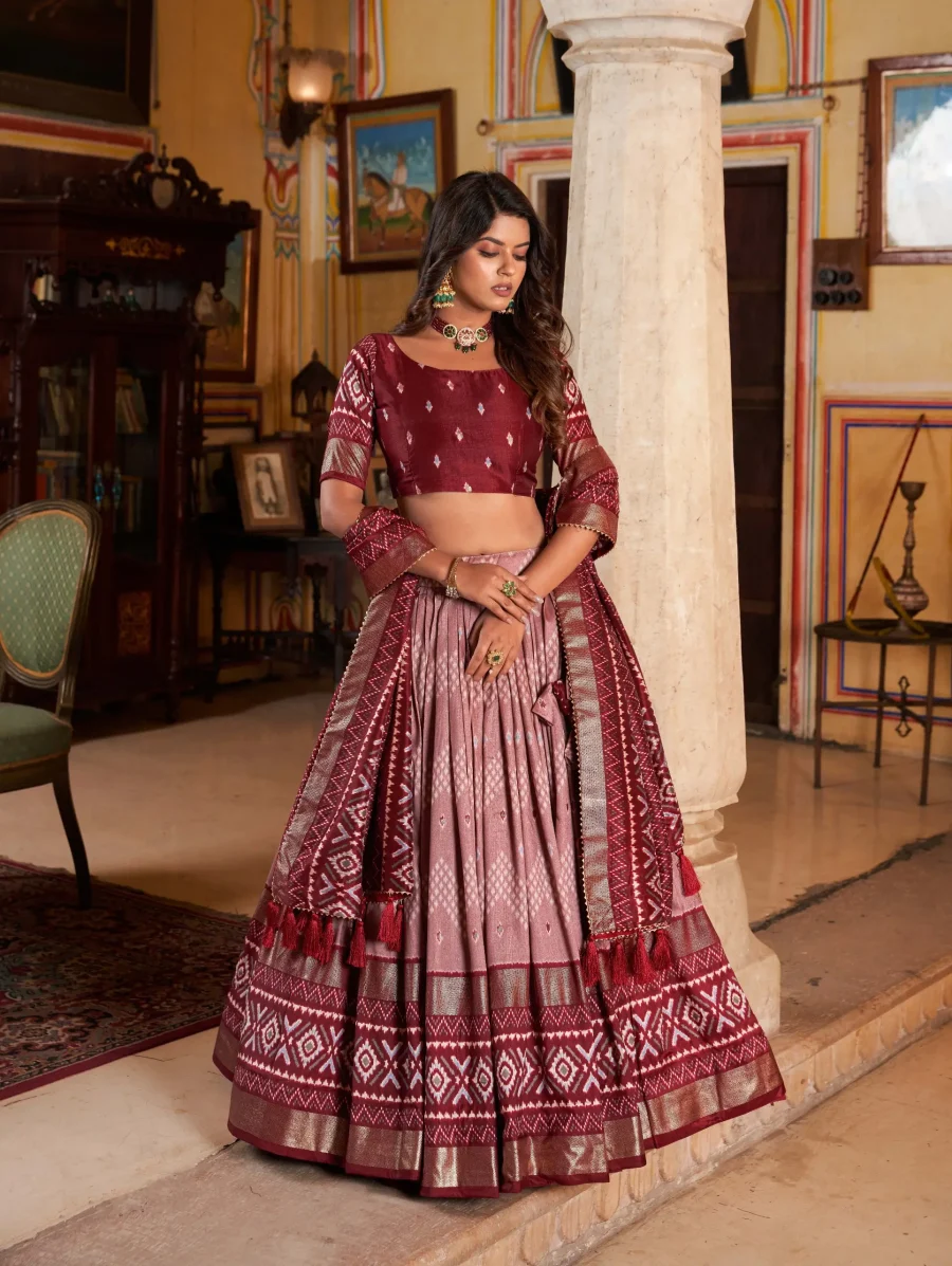 Rosy Brown Silk patola Lehenga with faded red blouse and dupatta