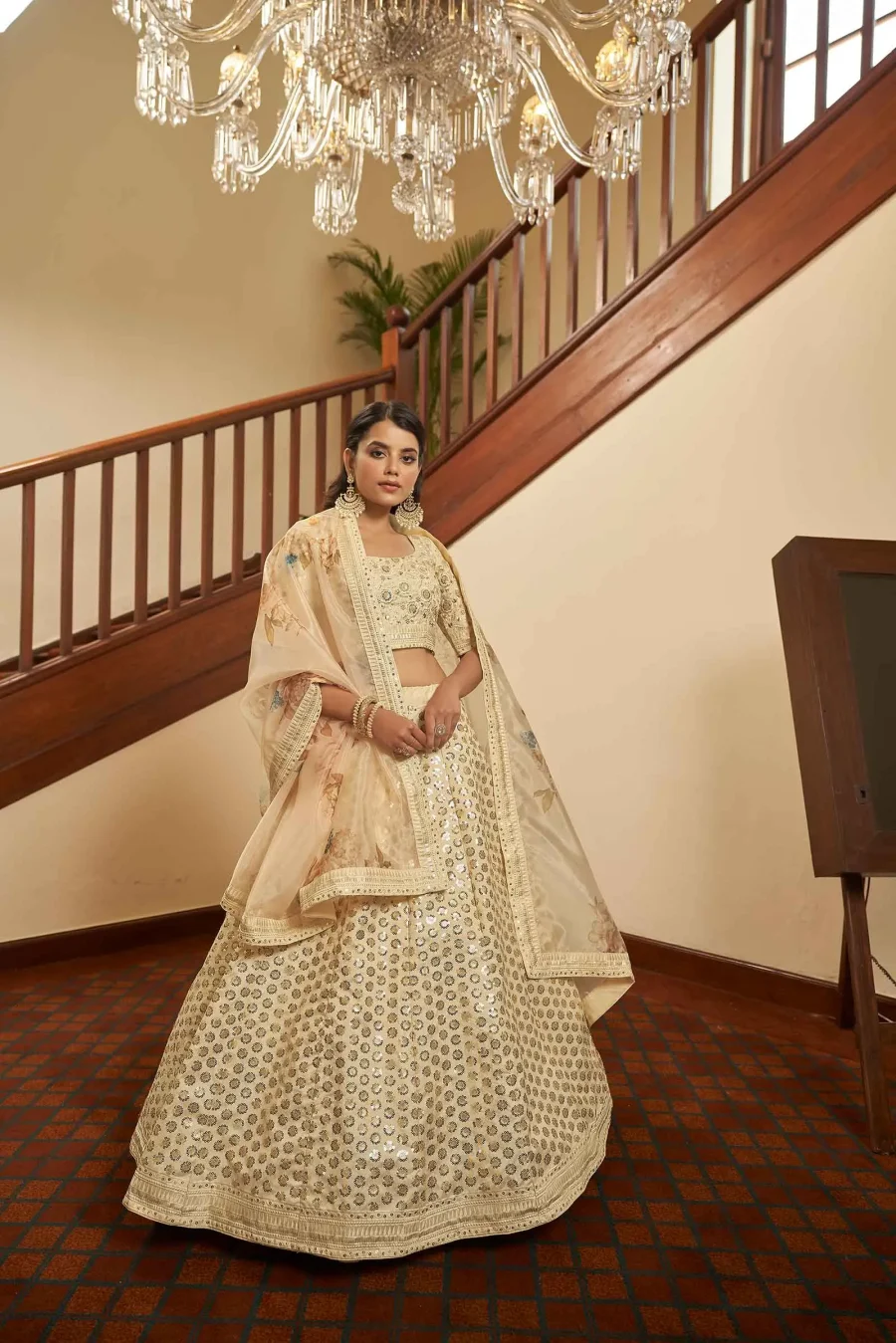 Shimmering Look of Beige Thread Sequence Lehenga Choli