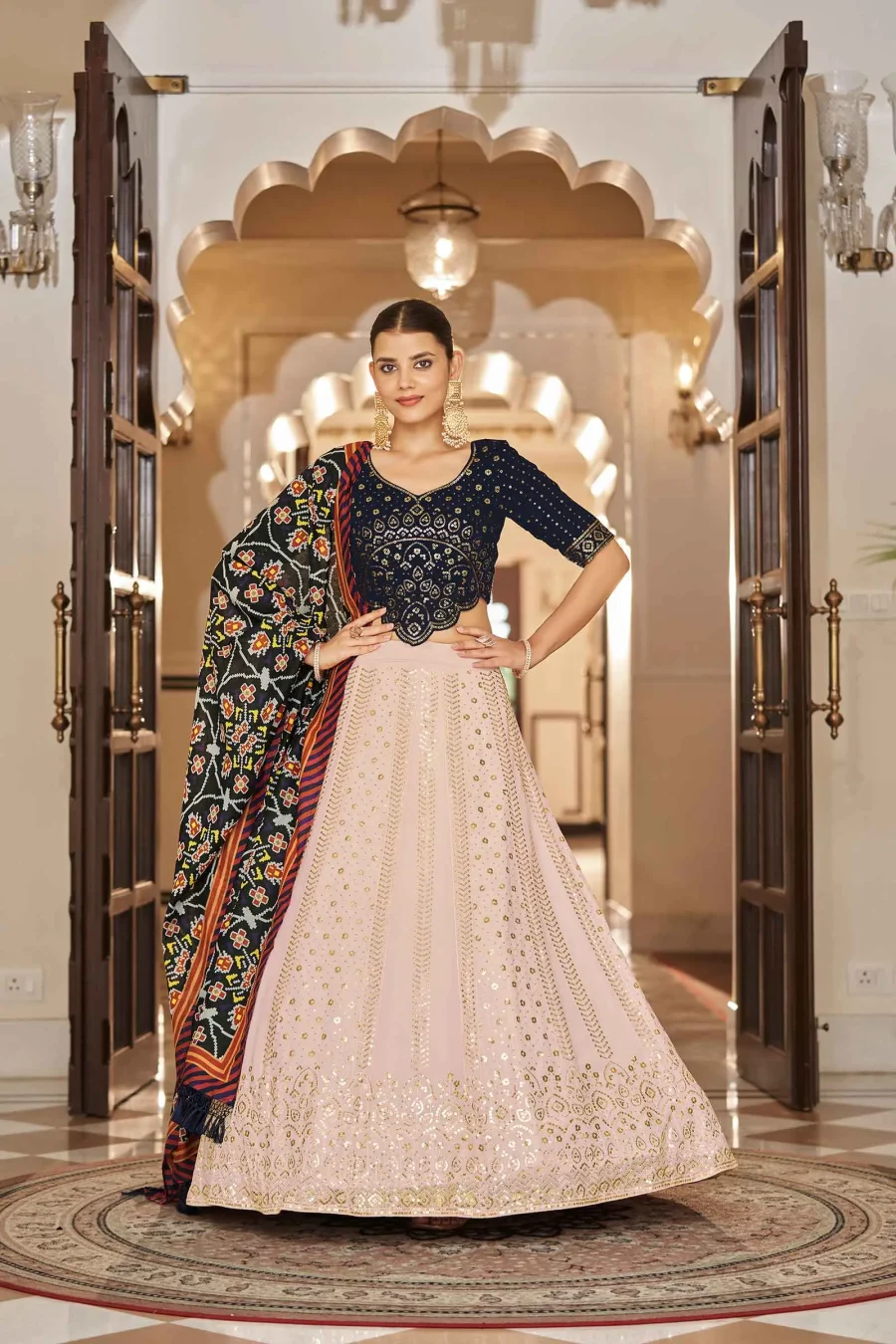 Festive Bloom Cavern Pink Lehenga with Navy Blue Choli And flory Dupatta