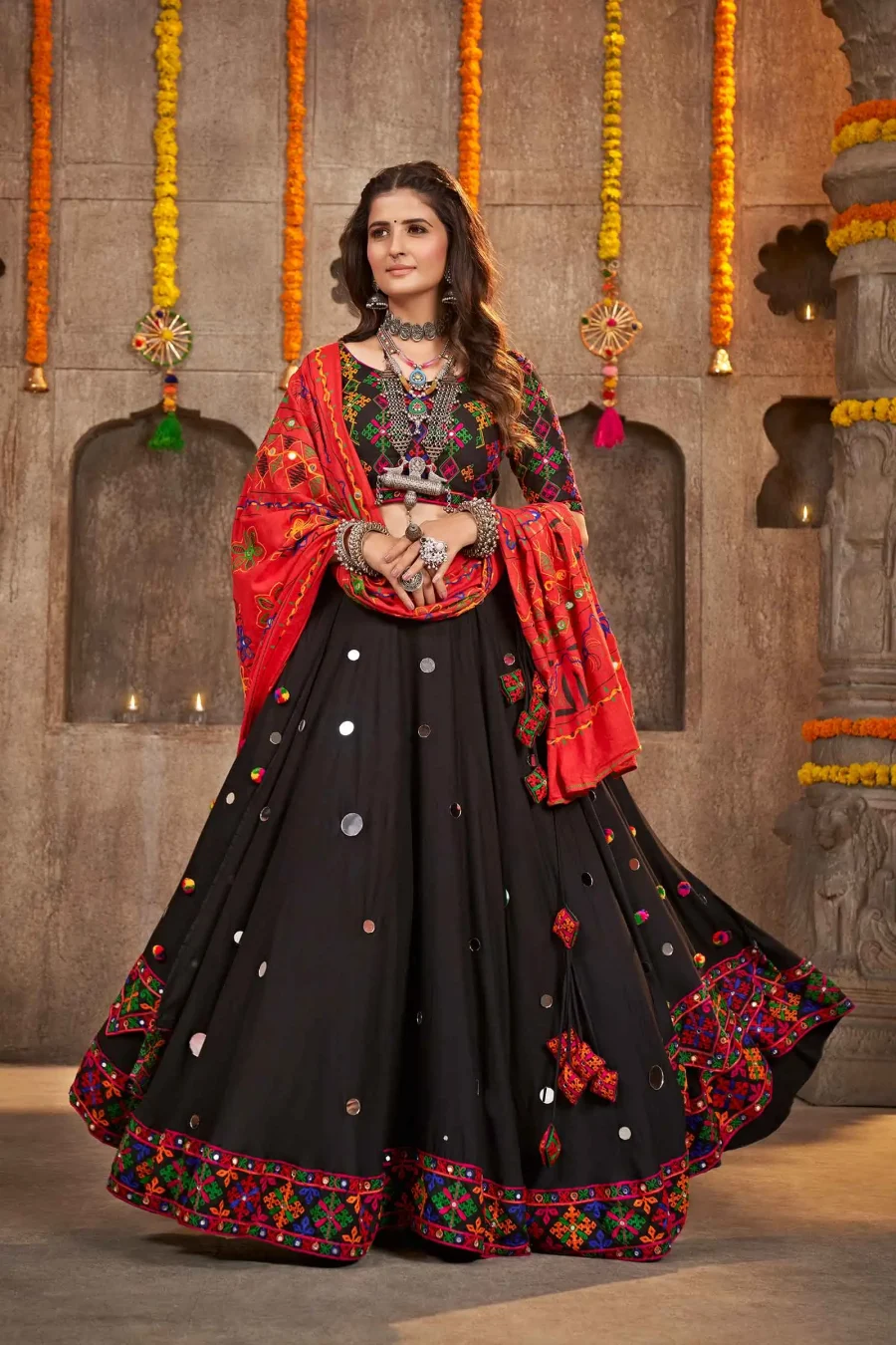 Designer Pure Viscose Thread Lehenga Choli with Dupatta Set with Embroidered Mirror work