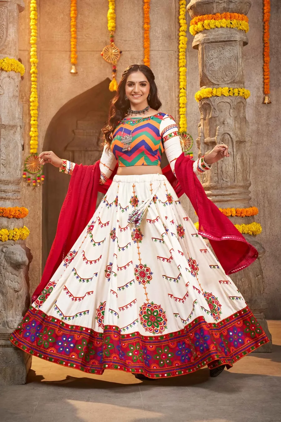 Stylish White Navaratri Chaniya Choli In Viscose Rayon