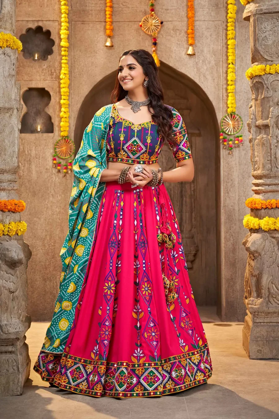 Rani Pink Viscose Rayon Lehenga with Bandhani Dupatta