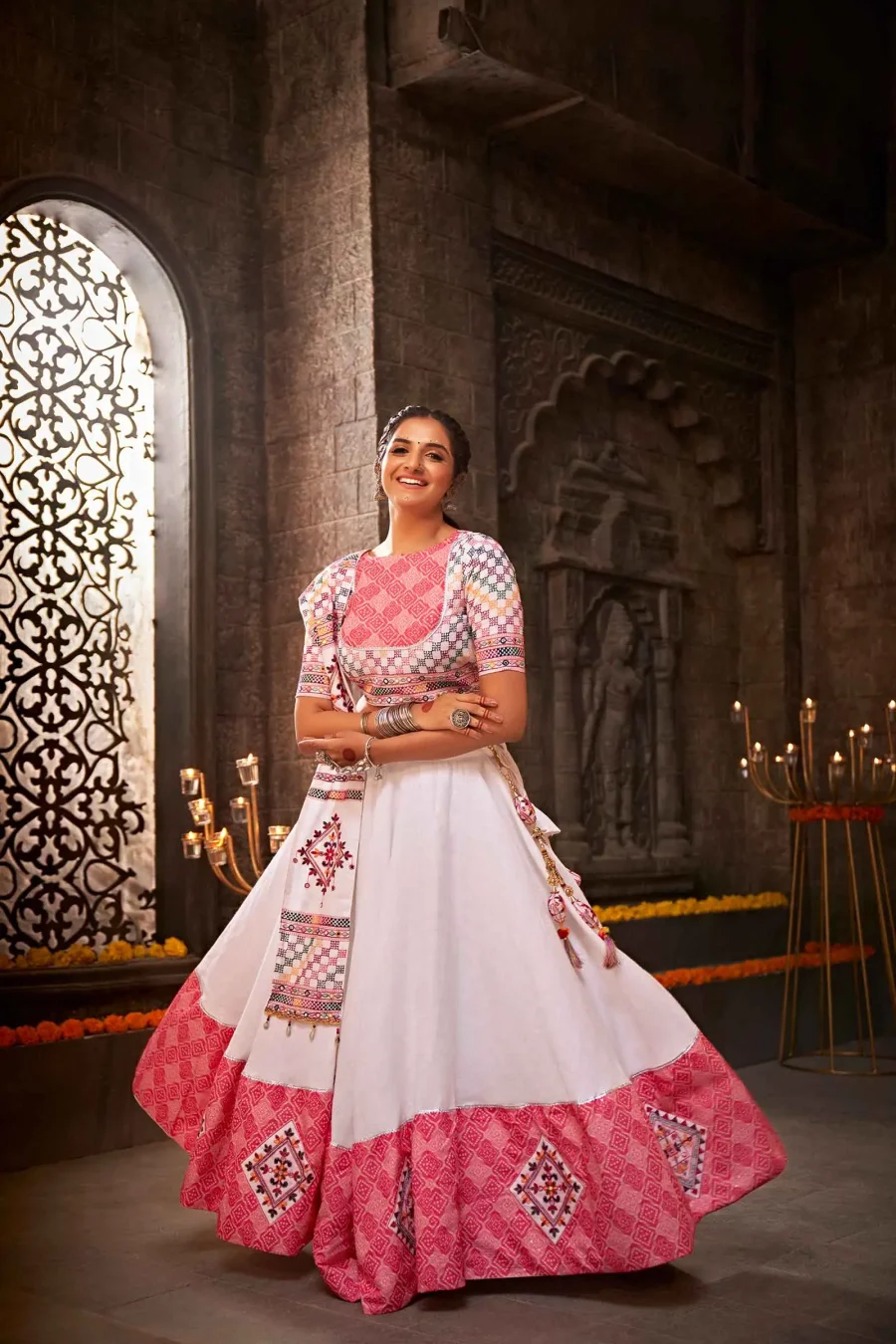 Bright White Jacquard Cotton Thread-Mirror Embroidered Traditional Lehenga Choli And Dupatta