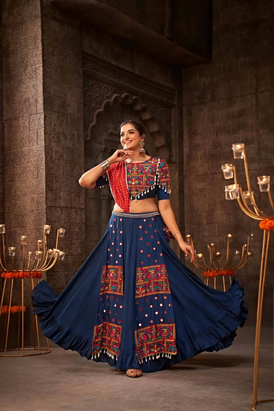 Imposing Blue Thread Embroidered With Printed Work Viscose Rayon Traditional Garba Festival Lehenga Choli