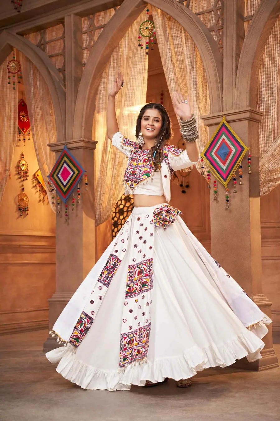 Special White Viscose rayon Elephant Thread Embroidered Navratri Lehenga Choli