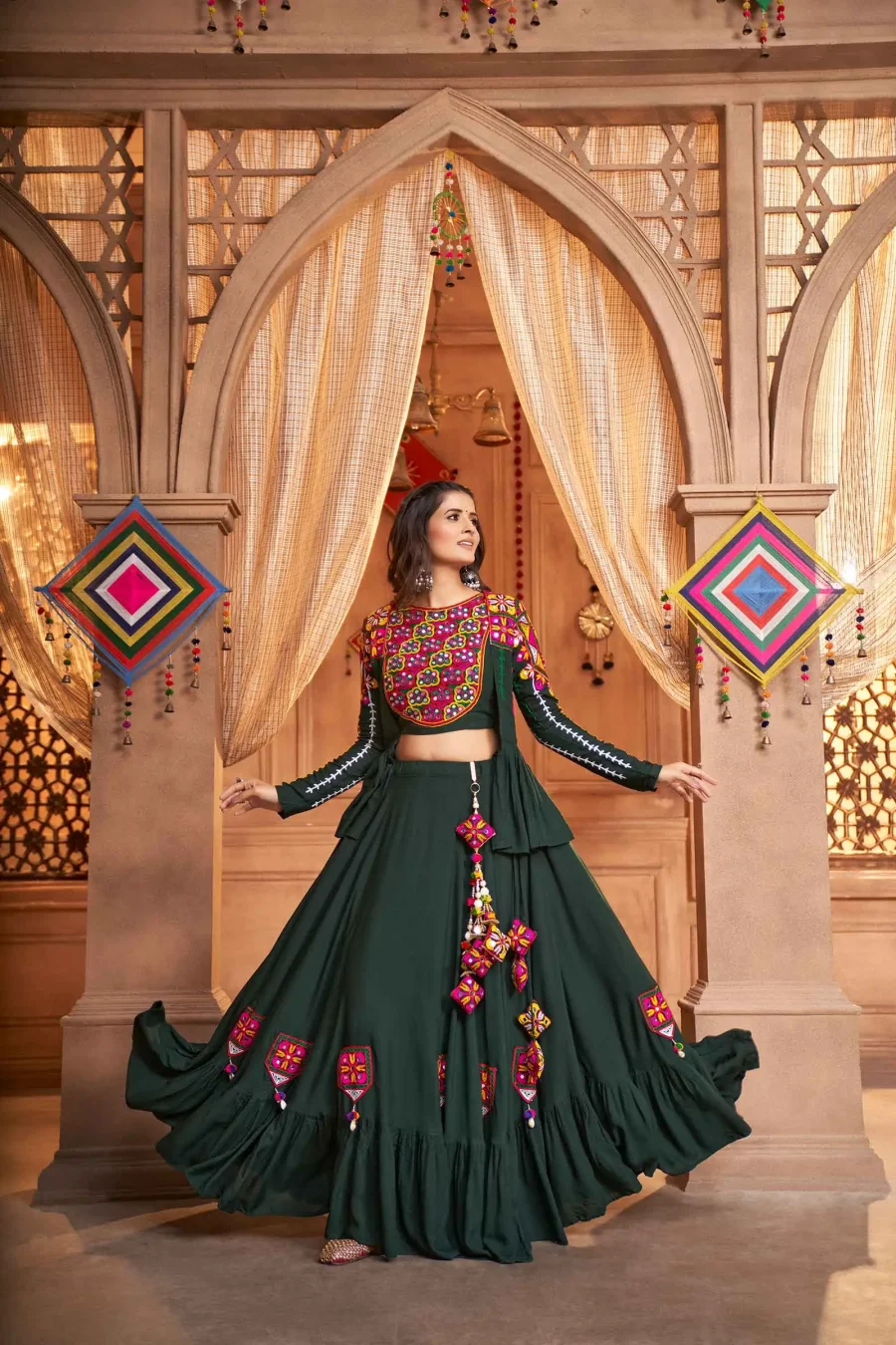 Rayon Festive Lehenga in Green with Mirror work