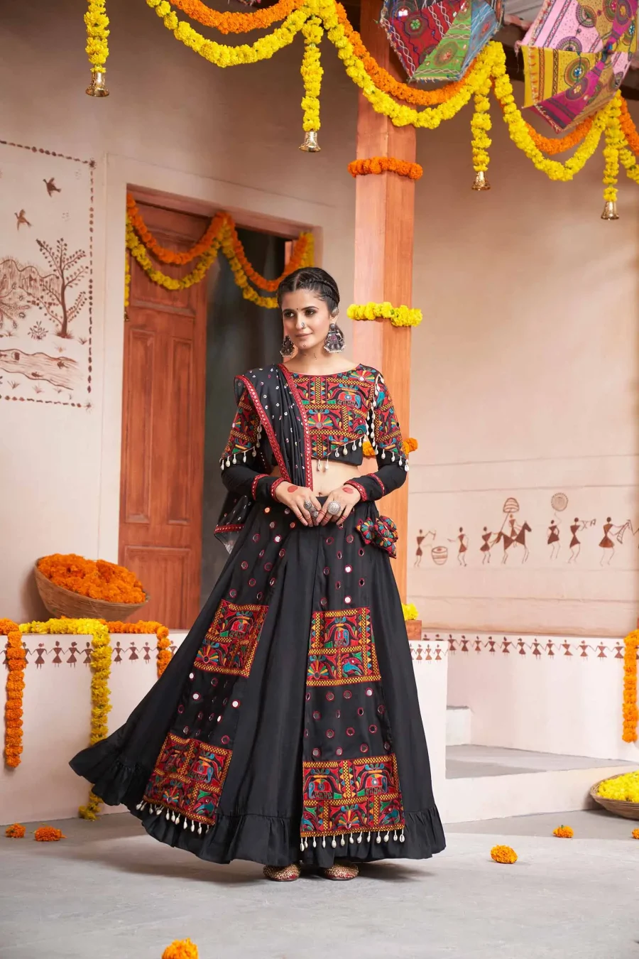 Glorious Viscose Rayon Navratri Special Lehenga Choli With Thread-Mirror Embroidery Rayon Dupatta