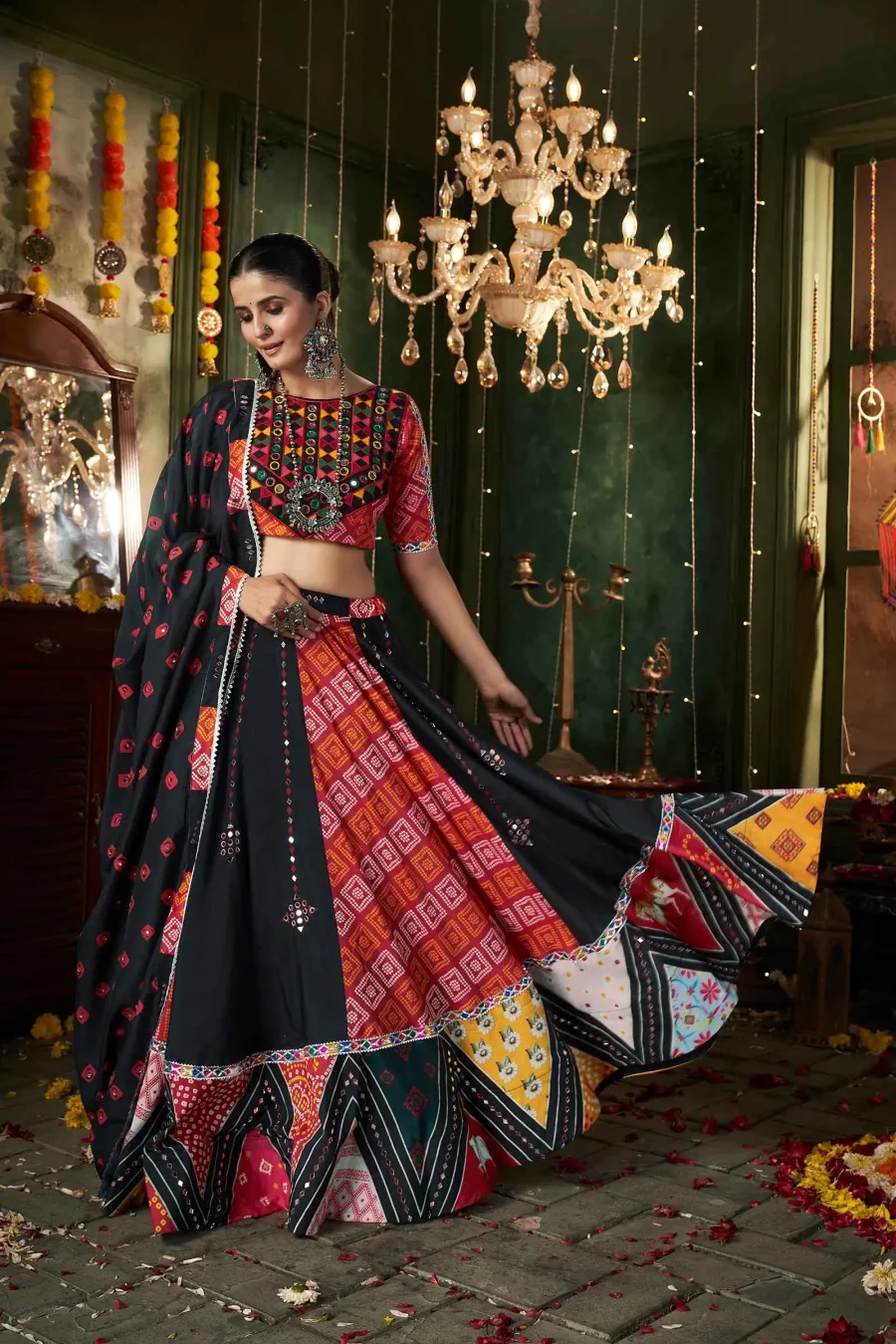 Resplendent Square & Traditional Printed With Mirror Work Black Garba Lehenga Choli