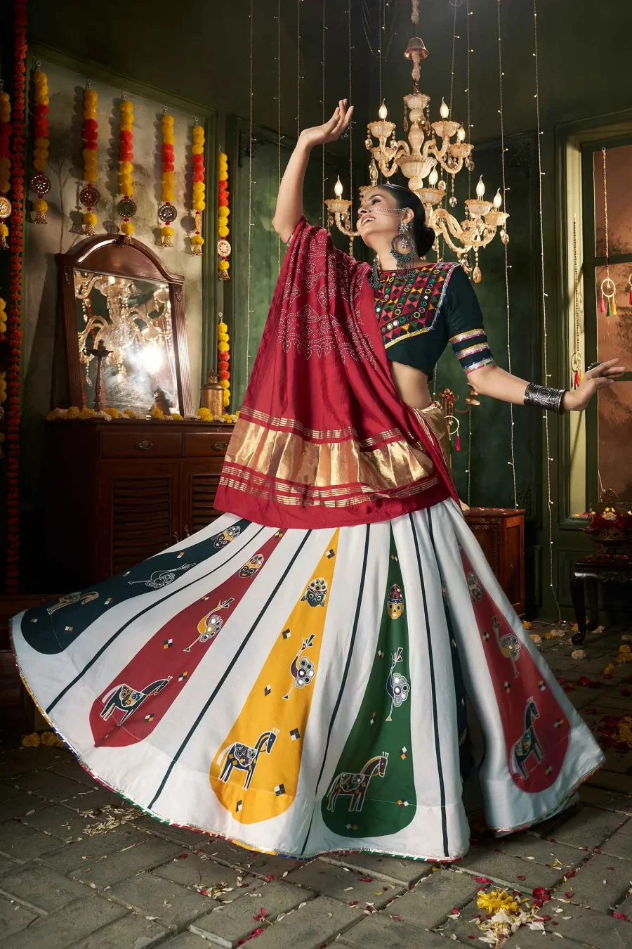 White Pigment Printed Lehenga With Golden Patto Gajji Silk Dupatta