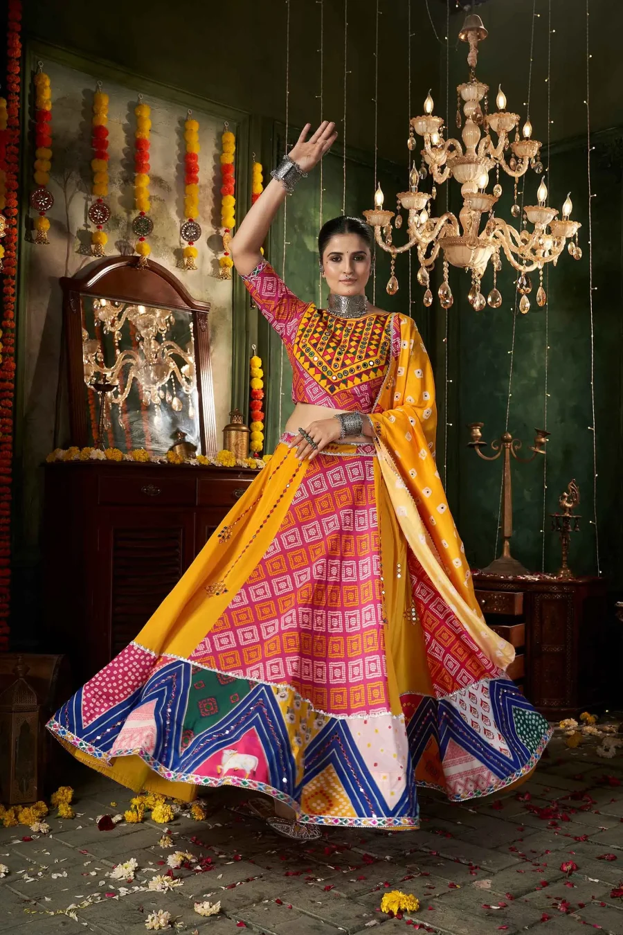 Muslin Cotton Bonny Yellow Floral & Traditional Printed Lehenga With Mirror Work Dupatta