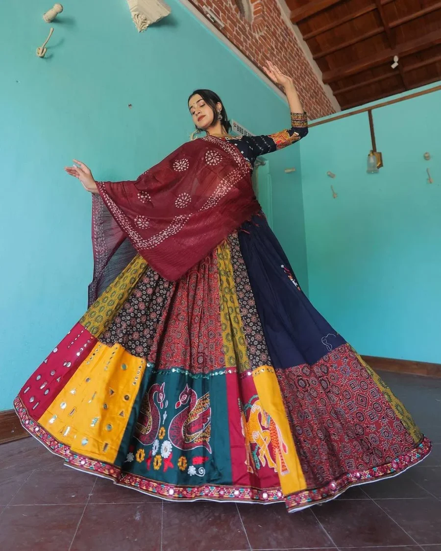 Glossy Navy Blue Traditional Printed Lehenga With Mirror Work Navratri Dress