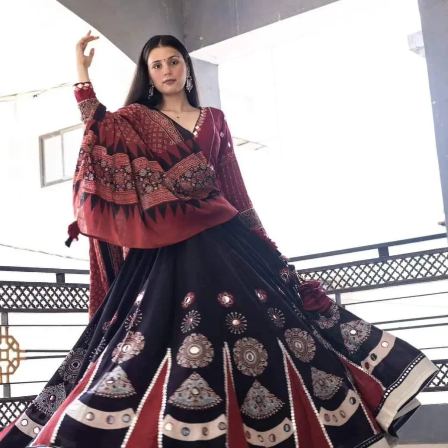 Prettyish Black Mirror Work and Digital Printed Lehenga Choli