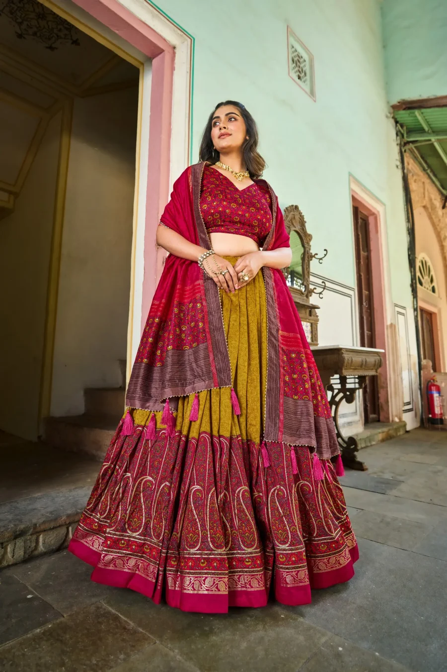 Timeless Charm of Yellow silk Kashmiri Printed Lehenga Choli