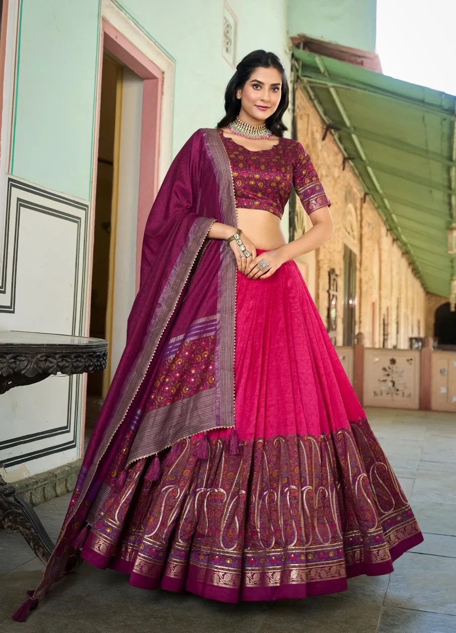 Breathtaking Look of Hot Pink Kashmiri Printed Lehenga Choli