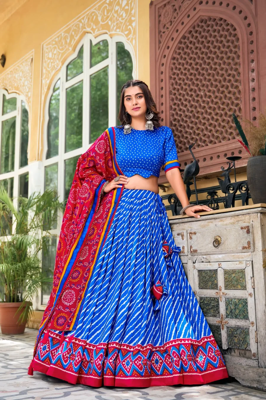 Royal Blue Leheriya With Patola Print Border Lehenga With Dupatta