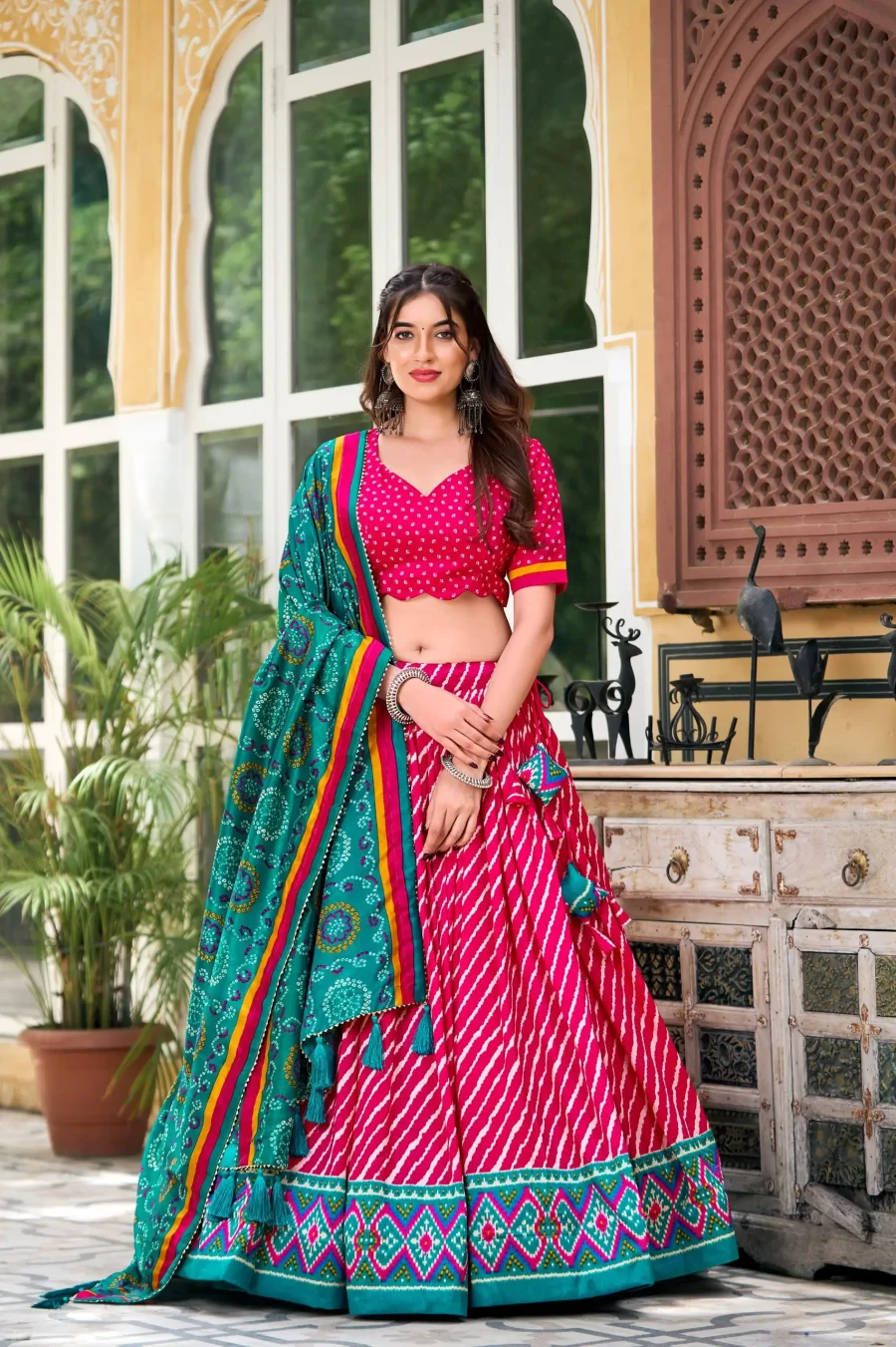 Beautiful Pink Tussar Silk Leheriya Lehenga With Bandhej Print With Gota Patti Lace Dupatta