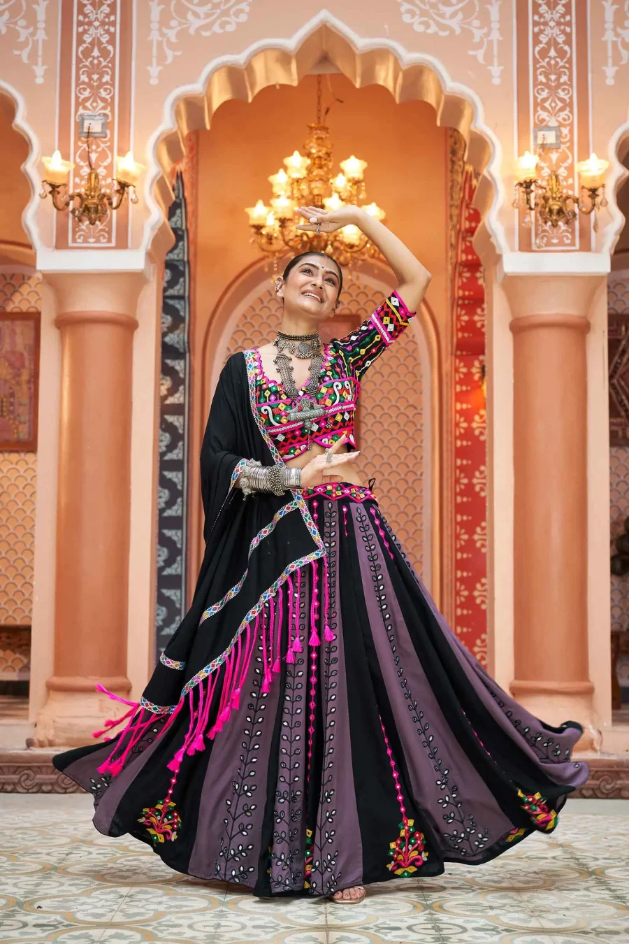 Multi Color Black Navratri Lehenga With Embroidery & Mirror work