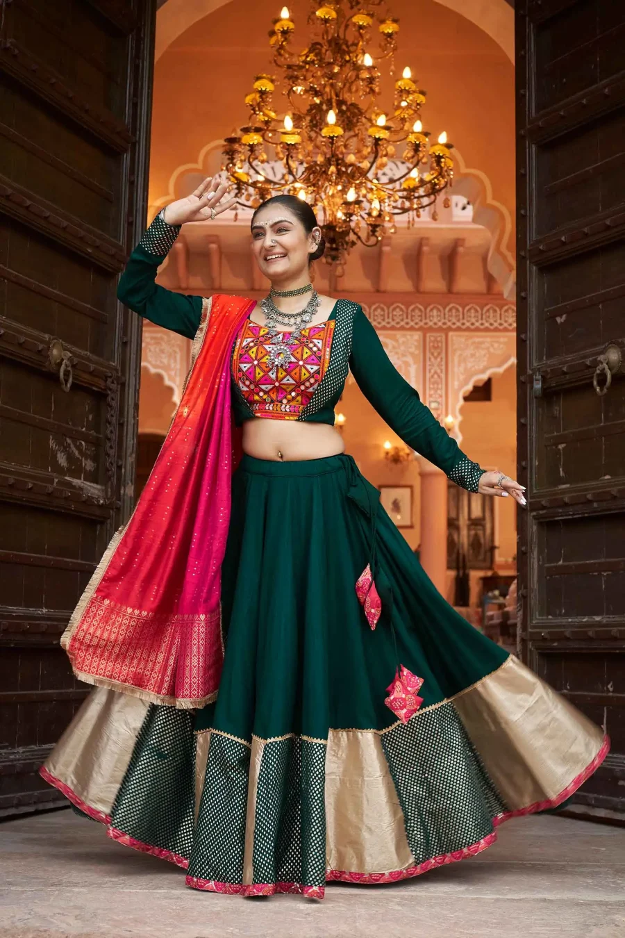 Green Multi color Navratri Lehenga With Embroidery & Mirror Work